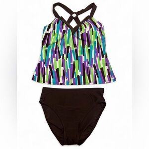 Tropical Honey tankini swimsuit two-piece set geometric abstract print Size 10